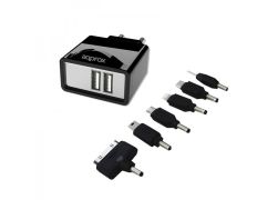 CARGADOR USB APPROX PARA RED DOMESTICA DOS USB 5V 2.1A COLOR NEGRO INCORPORA 7 TIPS
