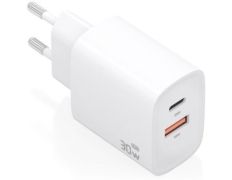 Cargador de Pared GaN Aisens A110-0952/ 1xUSB Tipo-C/ 1xUSB/ 30W