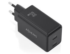 Cargador de Pared GaN Aisens ASCH-65W2P079-BK/ 2xUSB Tipo-C/ 65W