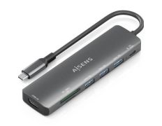 Docking USB Tipo-C Aisens ASUC-7P025-GR Multifuncional - HDMI 4K, 3xUSB, USB Tipo-C PD, Lector Tarjetas