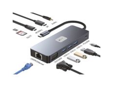 Docking USB Tipo-C Leotec LEDS03 - Hub USB con HDMI 4K, DisplayPort, VGA, Audio, RJ45, Lector de Tarjetas SD y MicroSD