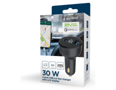 CARGADOR RAPIDO PARA COCHE GEMBIRD USB DE 2 PUERTOS, TIPO C PD, LCD, 30 W,NEGRO