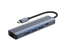 Hub USB 5 en 1 Tipo-C/USB 3.0+Tipo C 100W+RJ45 Gris BYL-2302