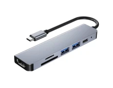 Hub USB BYL-2010 Gris 6 en 1 USB Tipo-C/HDMI+USB 3.0+USB 2.0+Tipo C+microSD+TF